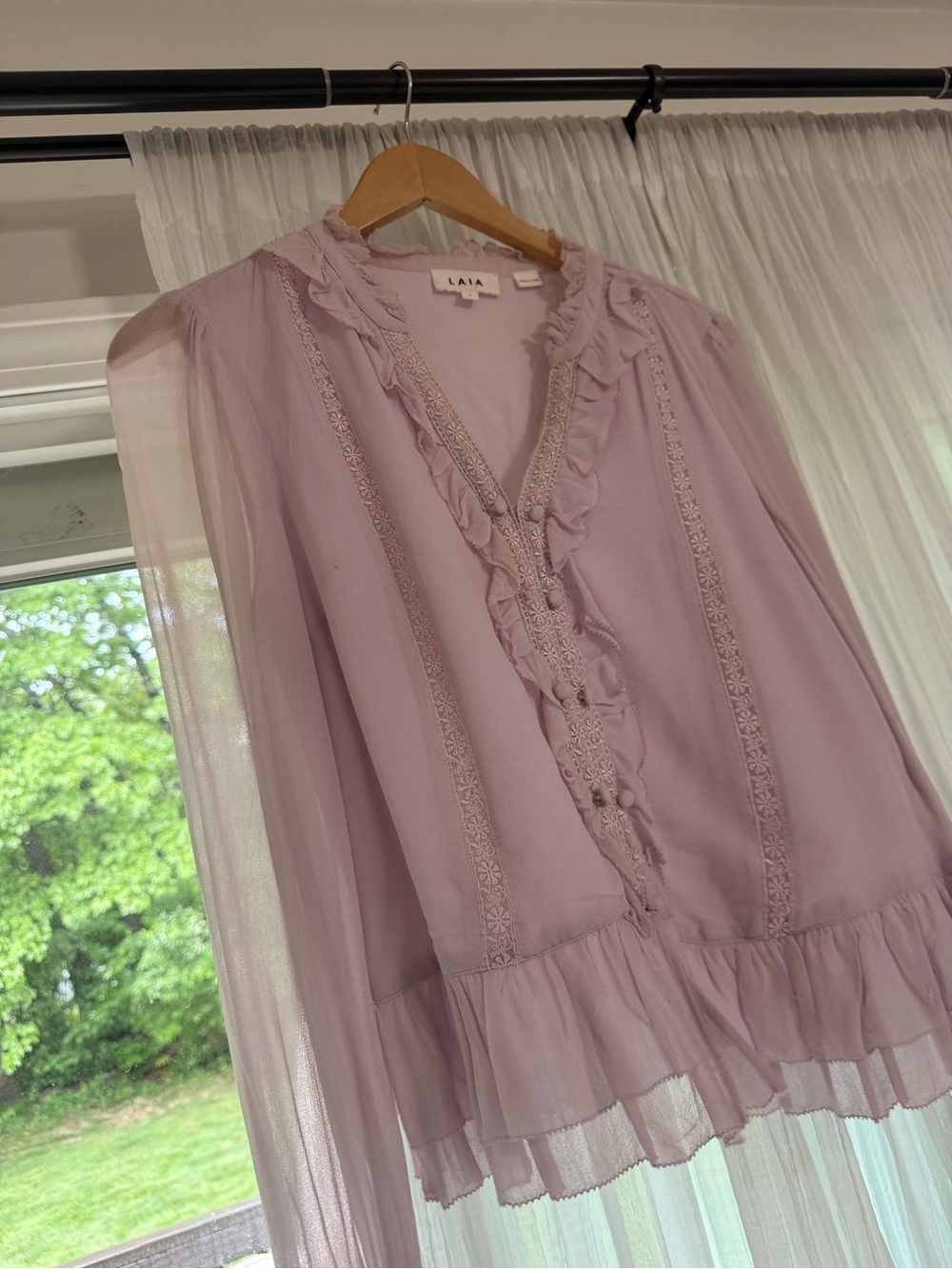 Anthropologie Lavender Ruffle Lace-Trim Blouse